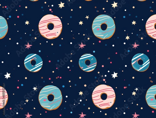 Navy Blue background simple minimalistic seamless pattern, multicolored playful hand drawn cute lines and stars on sugar sprinkles on a donut, confetti