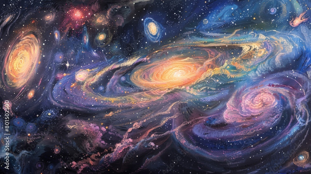 A meticulously rendered pastel drawing of a celestial landscape filled with swirling galaxies and glowing stars.