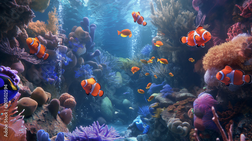 Sunlit Coral Reef with Clownfish and Colorful Marine Life © Daniel