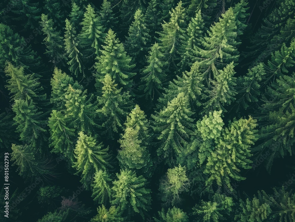 Overhead view of a lush evergreen landscape with pine trees and larches
