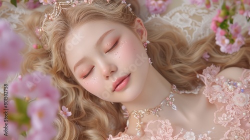  A woman in a tiara sleeps amongst flowers with closed eyes