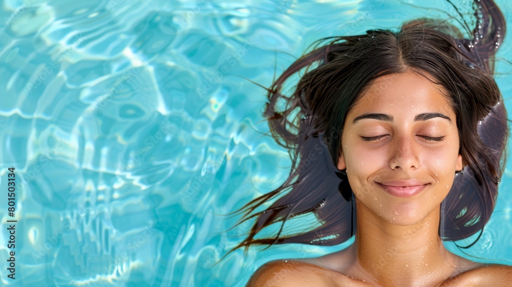 A woman floats in the pool with closed eyes, hair streaming upward A woman floats in the pool with closed eyes, hair streaming upward