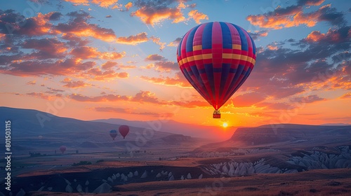 A hot air balloon is flying over a beautiful landscape with a sunset in the background. The sky is filled with clouds, and the sun is setting, creating a warm and peaceful atmosphere