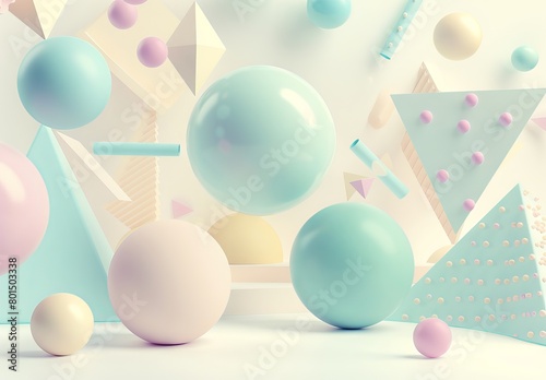 Abstract geometric shapes in pastel colors on a white background, a 3d rendered illustration of spheres and triangles floating around each other in the style of a minimalist illustrator, simple shapes