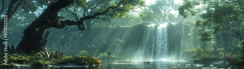 Secluded grove with a shimmering, translucent waterfall and magical creatures