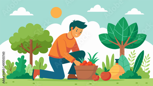 In a peaceful garden a man carefully harvests fresh vegetables and herbs for a calming afternoon of cooking and relaxation..