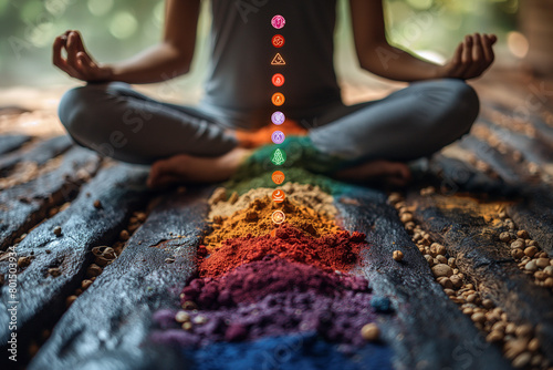 Yoga Practice: A serene yogi engaged in a series of asanas designed to activate and align the chakras, with each pose accompanied by a corresponding chakra symbol and its associate