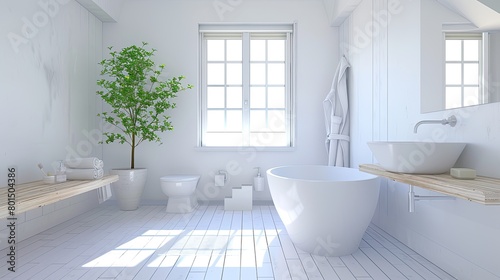 a white bathroom interior featuring a bathtub and toilet  accented with wooden furniture and a window on the wall  bathed in bright daylight.