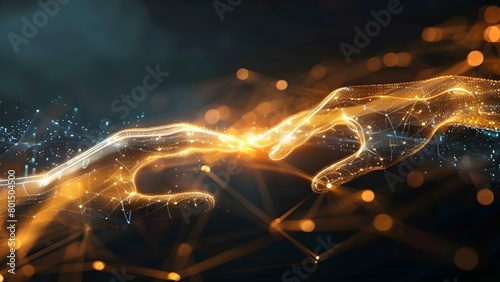 Robotic hands touch data network backdrop in futuristic AI and machine learning setting. Concept Futuristic Technology, AI Development, Data Network, Robotic Hands, Machine Learning