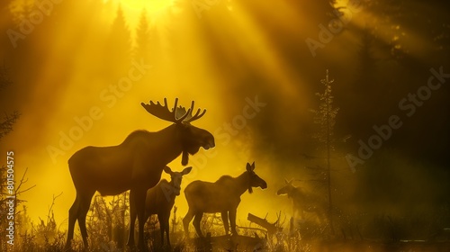 Silhouette of wild moose with calves standing in the sunset woods  the sun is shining through the trees  casting a warm glow on the scene
