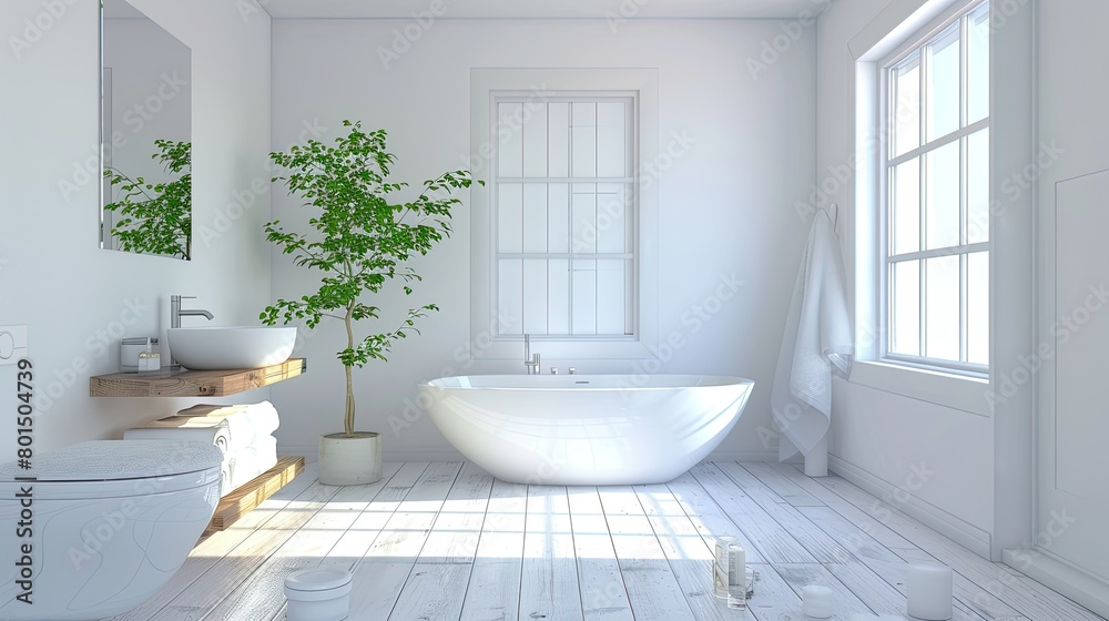a white bathroom interior featuring a bathtub and toilet, accented with wooden furniture and a window on the wall, bathed in bright daylight.