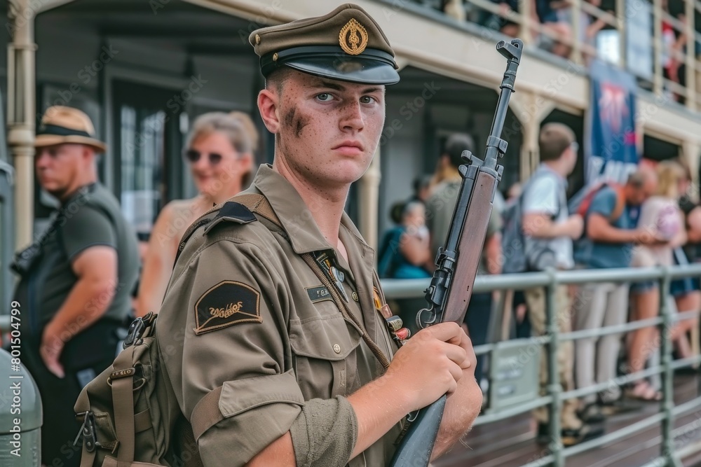 Fototapeta premium A focused soldier in uniform patrols, rifle in hand, among Anzac Day observers.