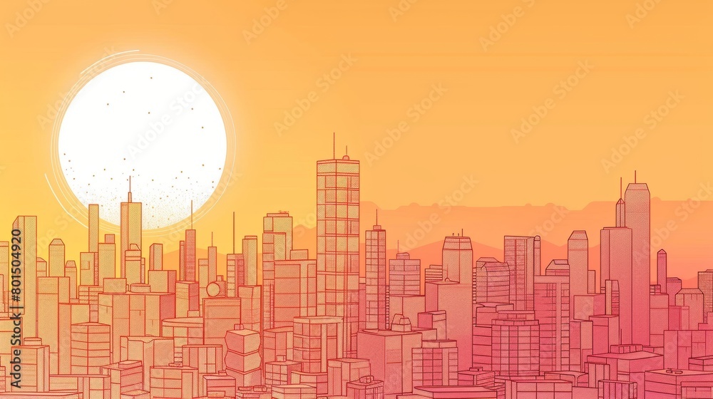 A minimalist line art illustration of a city skyline at dusk.