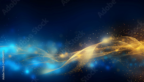 Bright blue and yellow glowing neon abstract background with golden particles