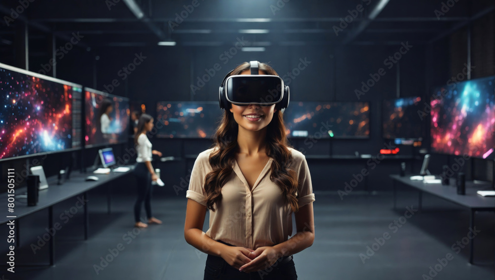 A young woman with VR glasses on her head