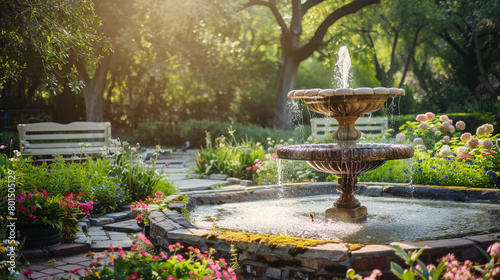 A tranquil outdoor garden with a bubbling fountain and stone benches nestled among blooming flowers and vibrant greenery. Promotion background.