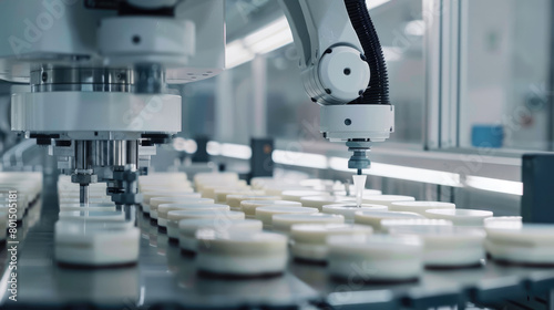 Industrial robot, inspecting products for quality control and defect detection on a conveyor belt in the factory