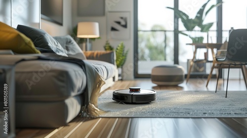 A detailed shot of a robotic vacuum cleaner navigating around furniture in a modern apartment