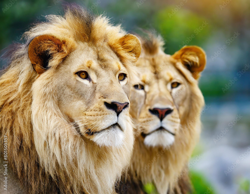 Obraz premium frican lion couple. Pair of wildlife pride predator animals.