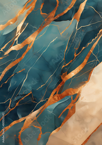 Abstract background featuring teal marble with burnt umber veins and gold herringbone patterns photo