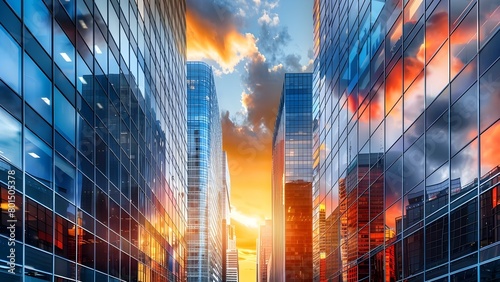 Urban skyline with towering skyscrapers reflecting city life below in sunlight. Concept Urban Skylines  Skyscrapers  City Life  Sunlight Reflections