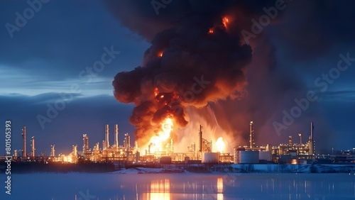 Explosion at Industrial Oil Refinery Produces Dense Smoke in the Sky. Concept Industrial Accident, Safety Concerns, Air Pollution, Emergency Response, Engineering Solutions photo