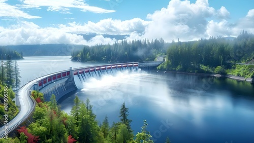 Water-Powered Energy: A Large Hydroelectric Dam with Reservoir and Forest Backdrop. Concept Hydroelectric Power, Renewable Energy, Dam Construction, Natural Landscapes, Sustainable Technology photo