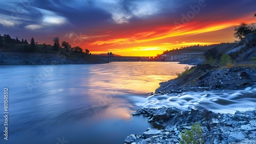 Sunset view of Oroville Dam with outflow mechanism vital to Californias water system. Concept Sunset view, Oroville Dam, Outflow mechanism, California water system photo