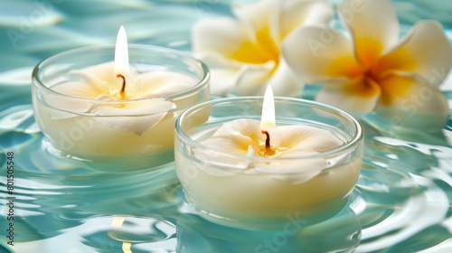  A tight shot of two candles in a glass bowl above still water Flowers mirrored in the surface