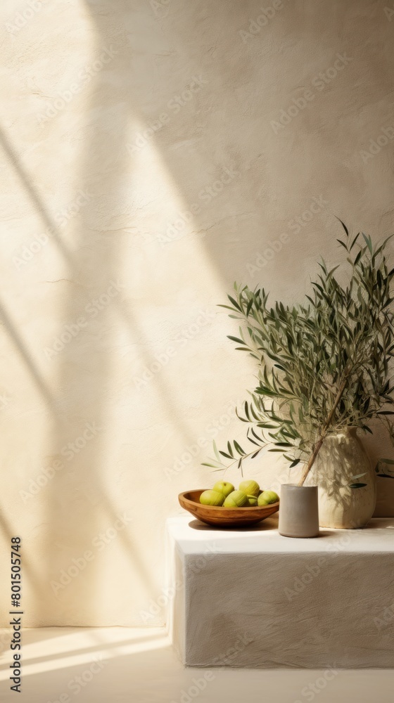 Olive minimalistic abstract empty stone wall mockup background for product presentation. Neutral industrial interior with light, plant