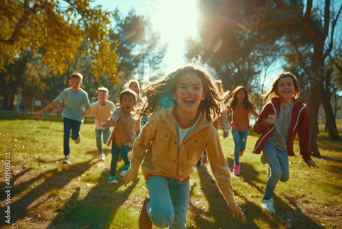 Joyful Children Running in the Park on a Sunny Day, Friendship and Play