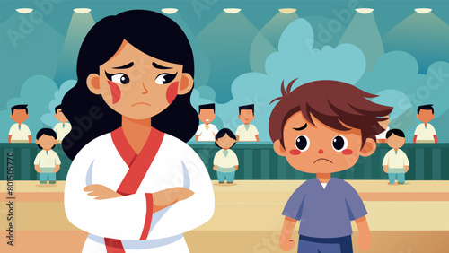 A mother looks on with tears in her eyes as she watches her once timid child confidently lead a martial arts demonstration in front of a large