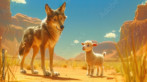 a lone wolf lunges towards a small lamb, captured in a wide-angle lens, showcasing realistic details of the wolf's fur and the lamb's wool.