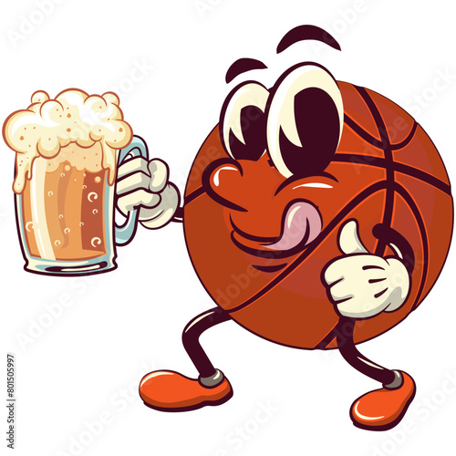 Basketball cartoon mascot raising a large beer glass while giving a thumbs up, illustration character vector clip art work of hand drawn
