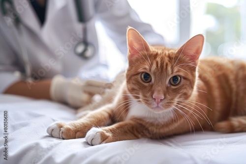 pet ginger cat undergoing a check up with vet at veterinary clinic