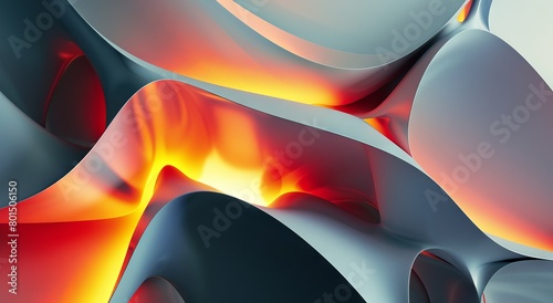 Close up of the curved surface of an abstract organic form with sharp edges on a grey background with red and yellow lighting, rendered in the style of cinema4d.  photo