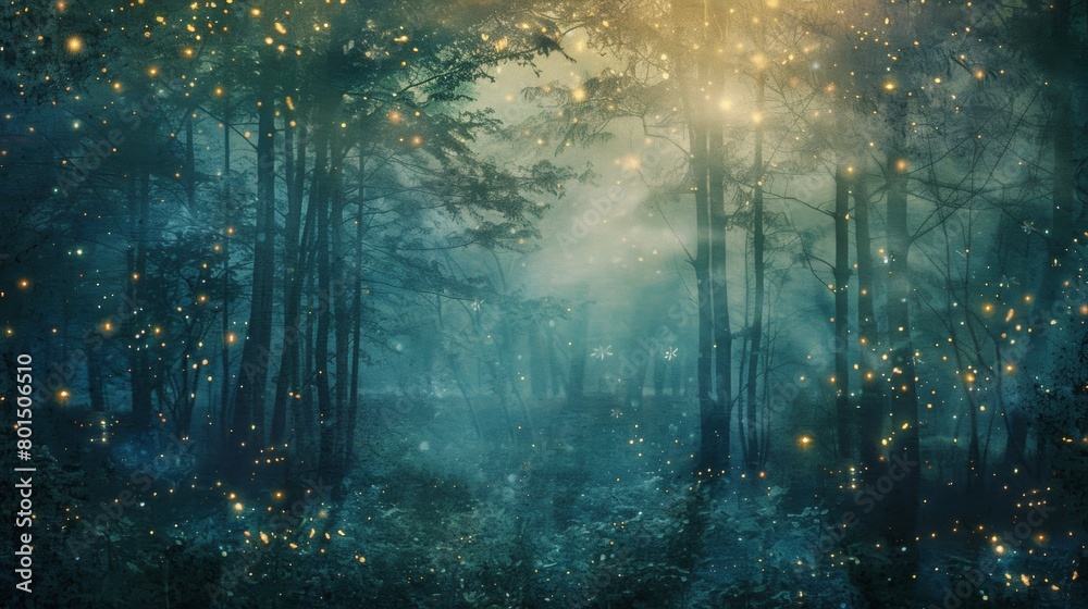 Naklejka premium A mixed media artwork combining photography and painting to create a realistic yet fantastical depiction of a forest at twilight, illuminated by fireflies and fairy lights.