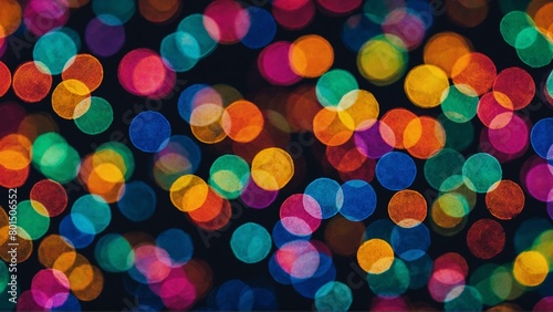 Close up of colorful rainbow colored lights circle shaped bokeh blurred dots background