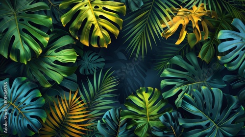 An abstract art tropical leaves background modern. This wallpaper design is composed of watercolor art textures of palm leaves  jungle leaves  monstera leaves  tropical botanical floral patterns.