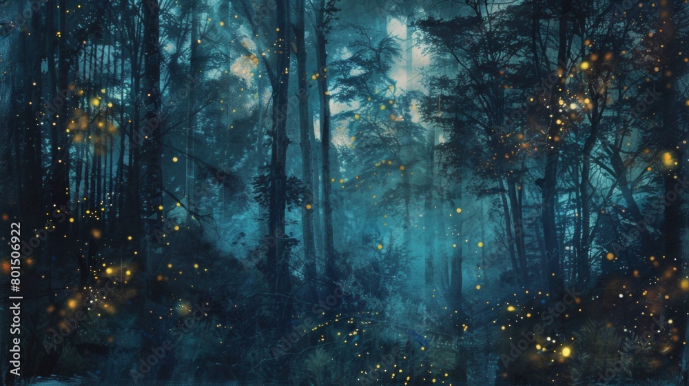 A mixed media artwork combining photography and painting to create a realistic yet fantastical depiction of a forest at twilight, illuminated by fireflies and fairy lights.