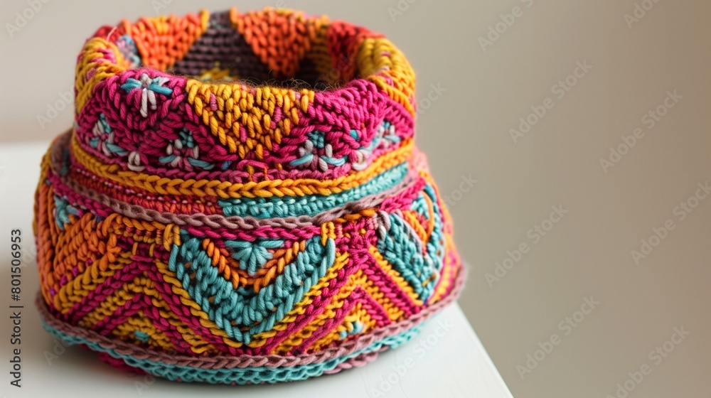 A fun-patterned knitted pot holder showcased on white, highlighting both charm and practicality. A fun-patterned knitted pot holder showcased on white, highlighting both charm and practicality.