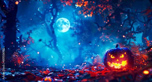 Spooky Forest with Glowing Moon and Pumpkin