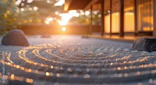 Traditional Japanese Zen garden with warm lighting meticulously maintained with a rake. Concept Japanese Zen Garden, Warm Lighting, Meticulously Maintained, Rake, Tranquil Atmosphere photo