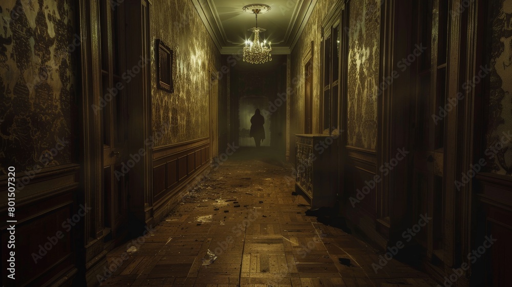 A dimly lit old mansion hallway, with a ghostly silhouette at the end, evoking haunted tales