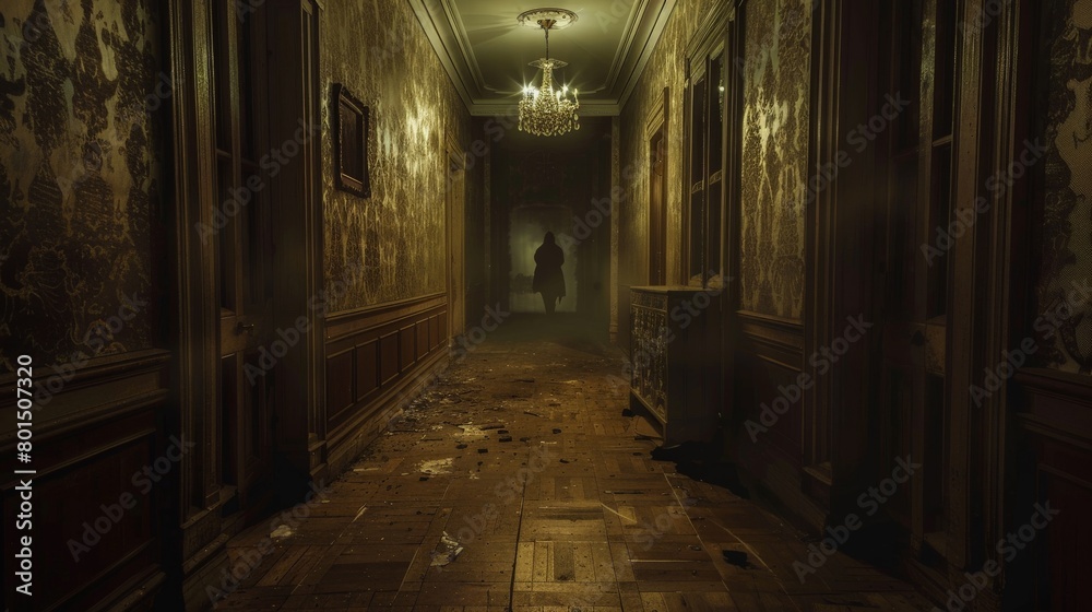 Fototapeta premium A dimly lit old mansion hallway, with a ghostly silhouette at the end, evoking haunted tales