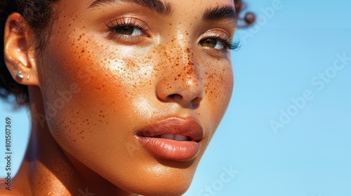  A tight shot of a woman's face, adorned with freckles dotting her complexion, notably her cheeks