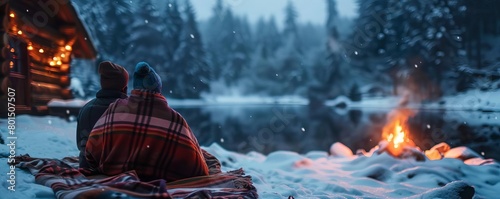 Cozy winter cabin with a fire glowing and a couple cuddled under a blanket
