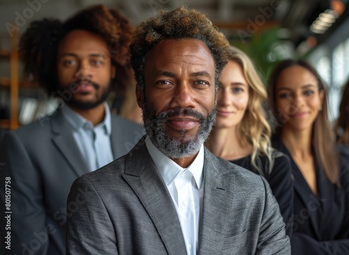 A multiracial group of businesspeople are standing in a office, they are wearing suit