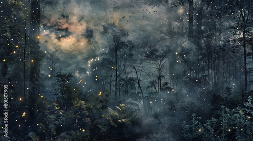 A mixed media artwork combining photography and painting to create a realistic yet fantastical depiction of a forest at twilight, illuminated by fireflies and fairy lights. photo