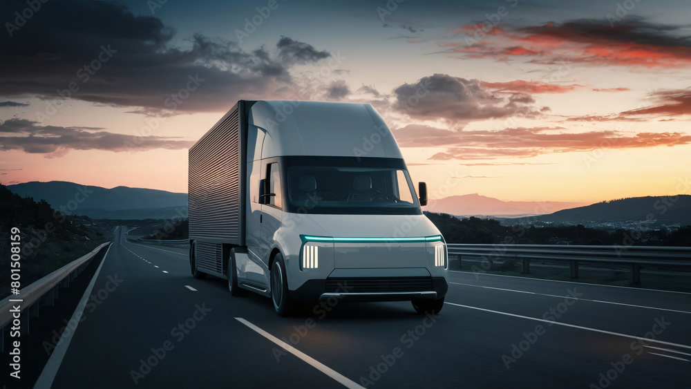 Concept design of a futuristic electric trucks on the highway, future sustainable logistics concepts